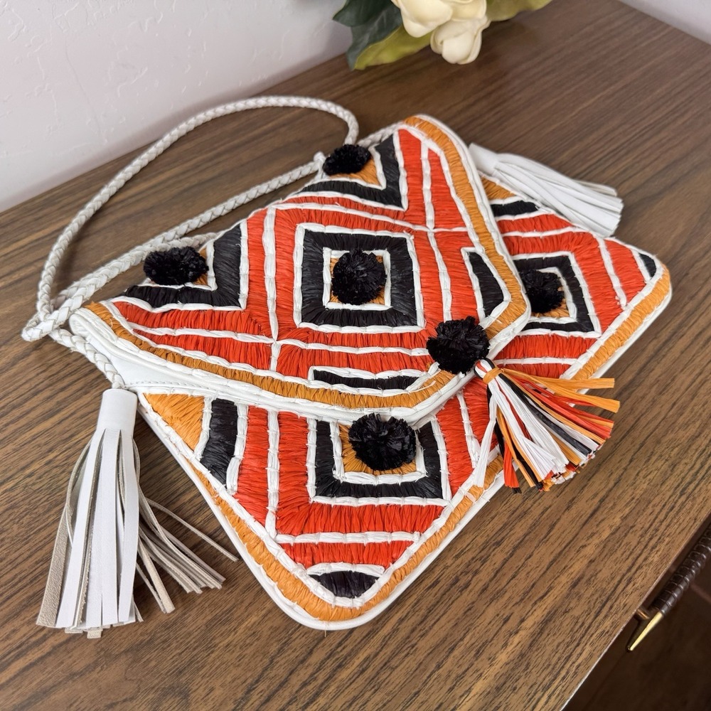 ibBan Handmade Leather & Raffia Crossbody Bag White Boho Geometric Tassels Rare